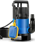 1.1Hp Submersible Sump Pump Handles Crunch Time With Ease Pushing 4600 GPH Through IPX8 Waterproof Gear in blue with yellow automatic float switch.