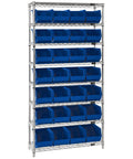Heavy Duty Wire Shelving Rack With Eight Robust Levels And Twenty Eight Blue Storage Bins Amp Up Your Garage Or Shop Game Premium Chrome Finish with blue bins.
