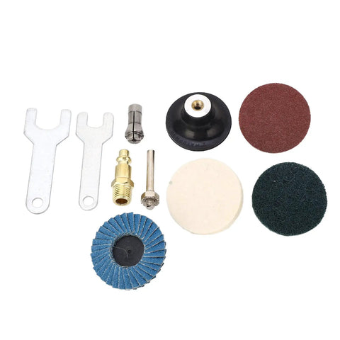 High Octane Right Angle Air Die Grinder With 20000 RPM Speed Built In Regulator And Tungsten Steel Motor For Heavy Duty Grinding Polishing Deburring Fits 1/4 And 1/8 Chucks includes various grinding and polishing accessories.