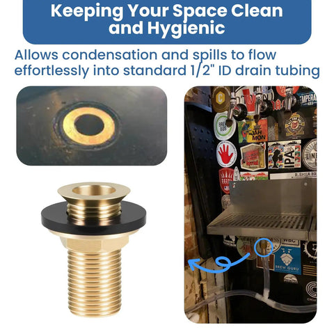 Heavy Duty Brass Drip Tray Drain Assembly With Self Draining Kit And Half Inch Outlet showing solid brass fitting and installation for efficient drainage.