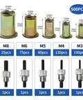 Complete Rivet Nut Tool Kit With Five Hundred Piece Metric Fastener Collection Featuring M3 M4 M5 M6 M8 Sizes for auto body repairs.