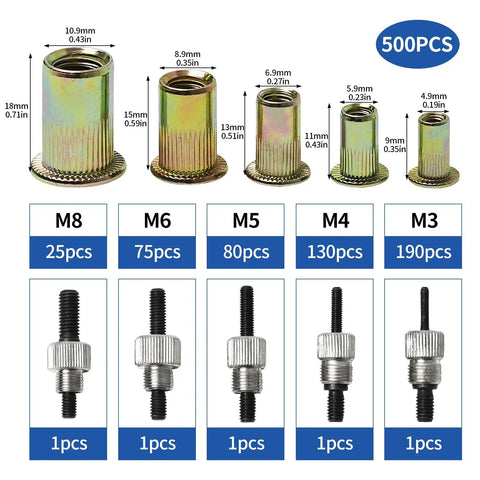 Complete Rivet Nut Tool Kit With Five Hundred Piece Metric Fastener Collection Featuring M3 M4 M5 M6 M8 Sizes for auto body repairs.