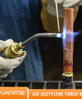 Air Acetylene Torch Kit With Tool Bag Turbo Torch Workhorse High Heat Brazing Tool in use on copper pipe