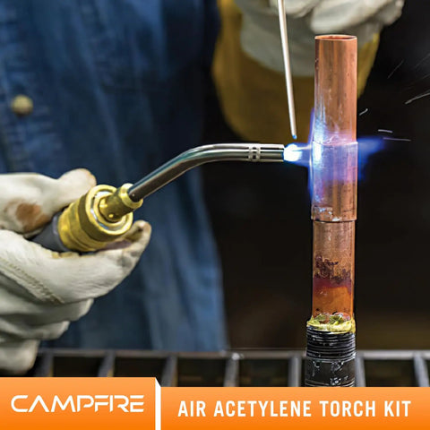 Air Acetylene Torch Kit With Tool Bag Turbo Torch Workhorse High Heat Brazing Tool in use on copper pipe