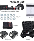 Package contents for 18V Hydraulic Crimping Pliers With Digital Display Cordless Rechargeable Wire Cable Lug Tool, including charger and dies.