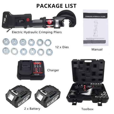 Package contents for 18V Hydraulic Crimping Pliers With Digital Display Cordless Rechargeable Wire Cable Lug Tool, including charger and dies.