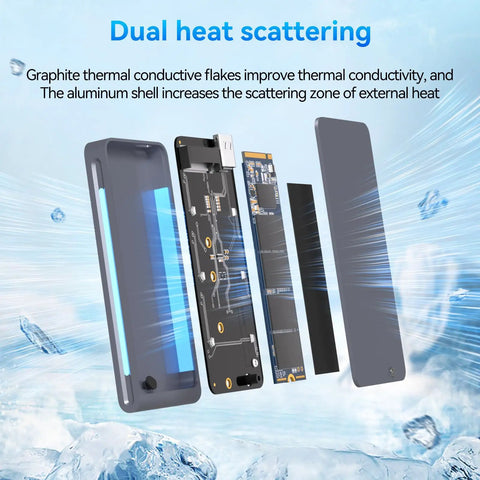 No Fuss Portable M.2 NVMe SATA SSD Enclosure USB 3.2 Type C 10Gbps showing dual heat scattering mechanism and aluminum shell.