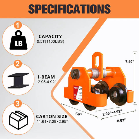Specifications for Beefy One Half Ton Beam Trolley With Dual Wheels 1100 LBS Capacity Adjustable I Beam Trolley For Three To Five Inch Flange Manual Push Hoist With Dual Track Rollers For Lifting Heavy Loads