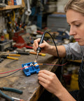 Person using adjustable heat resistant soldering jig with durable jaw fixture for rock solid no slip precision soldering and wire clamping