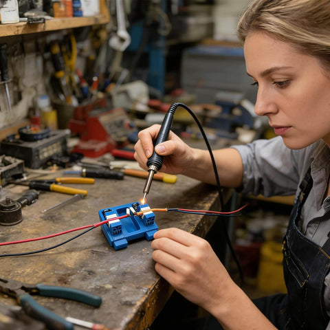 Person using adjustable heat resistant soldering jig with durable jaw fixture for rock solid no slip precision soldering and wire clamping