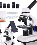 Kids And Adults Microscope With 40X To 2500X Magnification, includes lenses, slides, phone holder, and accessories.