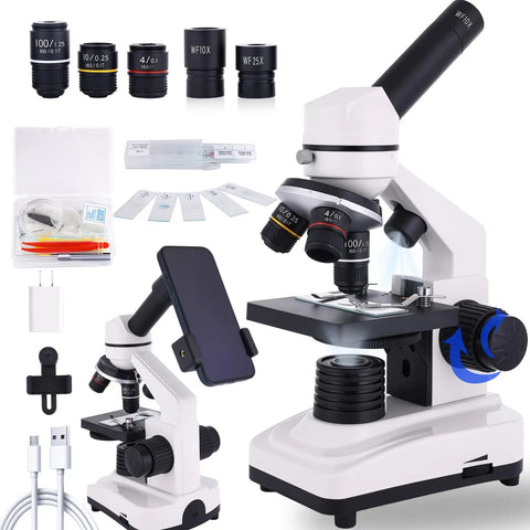 Kids And Adults Microscope With 40X To 2500X Magnification, includes lenses, slides, phone holder, and accessories.