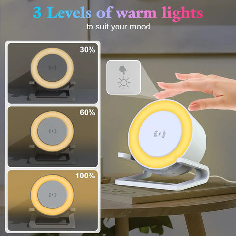 4 In 1 Night Light Bluetooth Speaker With Wireless Charging 15W, Phone Holder, Touch Dimmer Bedside Lamp, 3 brightness levels