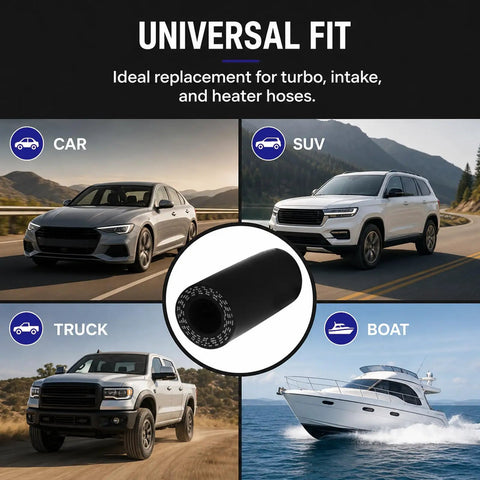 Solid Half Inch Silicone Hose End Plugs With Snug Quick Snap Clips For Vacuum Coolant Water Lines shown on various vehicles including car and boat.
