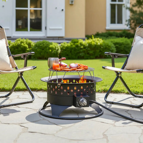 20 Inch Outdoor Fire Pit With Grill, Smokeless Propane Burner Delivers 60000 BTU Heat, Adjustable Flame, Foldable Chrome Cooking Grate