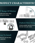 Heavy Duty Gate Hardware Kit For 1-3/8 And 2-3/8 Inch Pipe, showing hinge with padlock latch and bolts, easy installation.