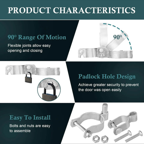 Heavy Duty Gate Hardware Kit For 1-3/8 And 2-3/8 Inch Pipe, showing hinge with padlock latch and bolts, easy installation.