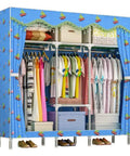 Built Different Heavy Duty Canvas Wardrobe Closet With Thick 25Mm Steel Pipes And Top Shelf Hanging Rod, Washable Breathable Shell, Foldable Roomy Storage Organizer For Clothes Shoes And Gear, Straight Up Easy Setup with colorful curtains and organized clothes.