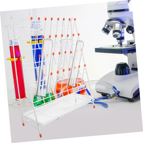 Built Tough White Metal Laboratory Bottle Drying Rack With Thirty Two Pegs For Test Tubes And Glassware holding various flasks.
