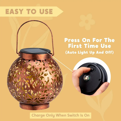 Two Pack Outdoor Solar Hanging Lantern Lights With Handle Waterproof Tabletop LED Moroccan Style Metal Garden Lanterns For Patio Lawn Porch Backyard Dope Lighting with on/off switch detail and metal finish.