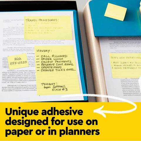 Canary Yellow Sticky Notes 3x3 Inch Set, 18 Pads With 100 Sheets Each, shown on documents and planner for notes.