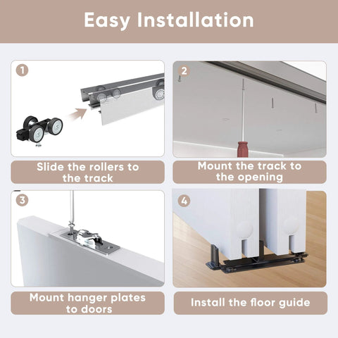 Easy installation steps for Heavy Duty 48 Inch Aluminum Bypass Sliding Closet Door Hardware Kit With Finger Pull