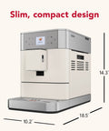 Fully Automatic Espresso Machine With Built In Grinder And Easy Access Bean Hopper, 15 One Touch Recipes For Bold Shots, Creamy Lattes, And Smooth Americano, Porcelain White coffee maker with compact design dimensions 10.2" x 14.3" x 18.5".
