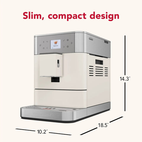 Fully Automatic Espresso Machine With Built In Grinder And Easy Access Bean Hopper, 15 One Touch Recipes For Bold Shots, Creamy Lattes, And Smooth Americano, Porcelain White coffee maker with compact design dimensions 10.2" x 14.3" x 18.5".