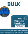 Box of blue disposable shoe covers, 200 pack, 100 pairs, one size fits all, waterproof booties for cleanrooms, hospitals, home use