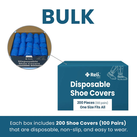 Box of blue disposable shoe covers, 200 pack, 100 pairs, one size fits all, waterproof booties for cleanrooms, hospitals, home use