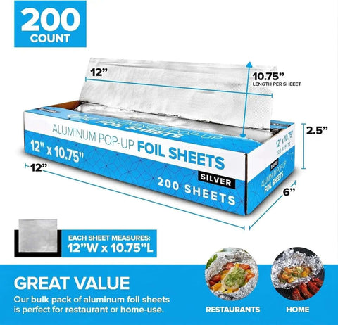 Pre Cut 12 Inch Heavy Duty Aluminum Foil Wraps 200 Count Pop Up Sheets For Hot Dogs And Sandwiches Ideal For Food Service And Deli Use Durable Kitchen Wraps