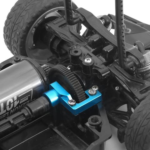 RC car with blue TT02 Aluminum Open End Gearbox Cover installed, showing gear mechanism, clear view, and lightweight design for Tamiya TT02