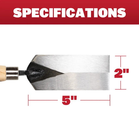 Masonry Margin Trowel Pro-Grade 5 Inch By 2 Inch Carbon Steel Blade With Wood Handle, showing blade dimensions.