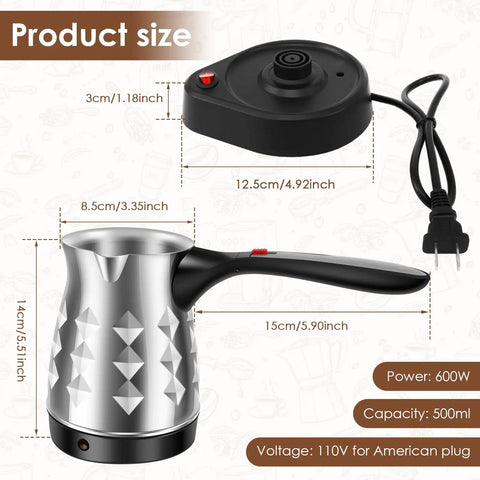Turkish Coffee Maker 500ml Stainless Steel Pot With Folding Handle, 5 To 6 Cup Capacity, Electric Warmer Kettle, Diamond Finish