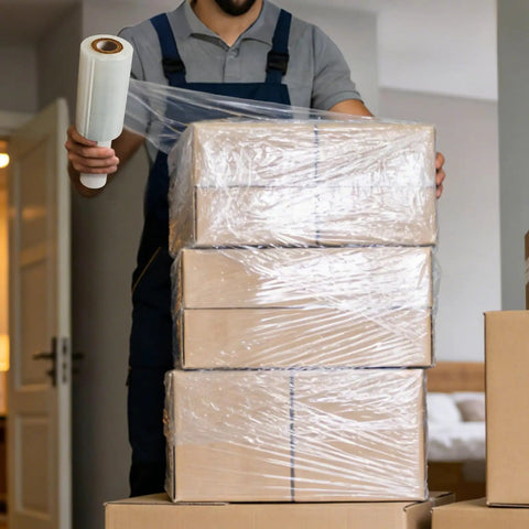 5 Inch X 492 Ft Stretch Roll Handle, Self Adhesive Shrink Film for Packing Moving Storage being used to secure boxes during packing.