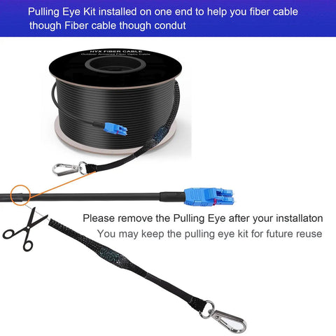 Rock Solid 328 Ft Single Mode Fiber Optic Cable LC UPC Duplex Connectors OS2 Uniboot with Pulling Eye Kit for installation.