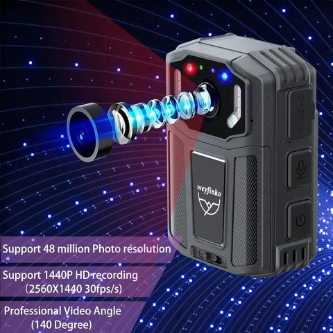 2K Body Camera With Dual Batteries And Charging Dock Delivering 1440P Legit Crisp Video With Night Vision And 14 Hour All Day Runtime Plus 64GB Memory Card For Patrol Security And Daily Carry, showing lens and features.
