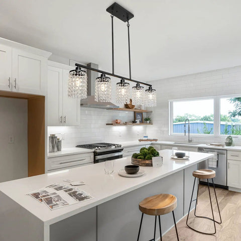 Five Light Modern Black Linear Chandelier With Crystal Drops Pendant Lights For Kitchen Island And Dining Room, Prewired