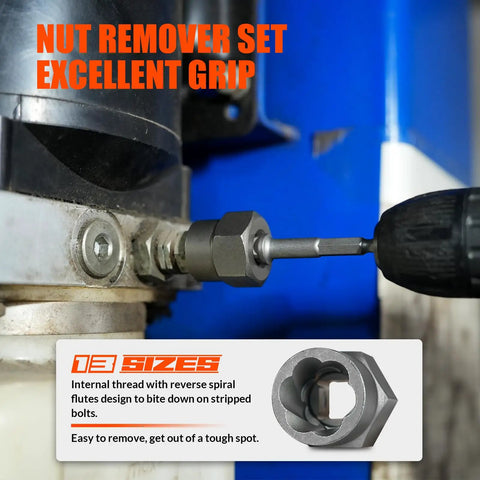 62 Piece Screw Extractor Set With Left Hand Drill Bits For Broken Nuts And Stripped Bolts in use on machinery bolt