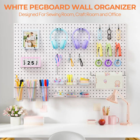 Badass Heavy Duty Metal Pegboard Wall Storage Kit With 90 Pieces Of Hooks Bins Cups Paper Towel Holder And Steel Tray For Garage Workshop Organization in a bright sewing room.
