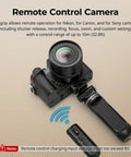 Multifunction Wireless Shooting Grip With Adjustable Selfie Stick And Integrated Remote next to a camera for Nikon, Canon, Sony.