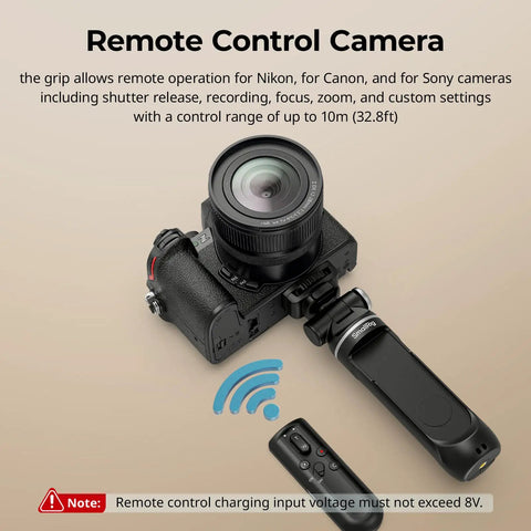 Multifunction Wireless Shooting Grip With Adjustable Selfie Stick And Integrated Remote next to a camera for Nikon, Canon, Sony.