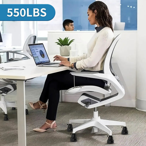 Silent Stationary Chair Feet For Office Seats Durable Rubber Glides Smooth Floor under a desk, supporting a woman working on a laptop.