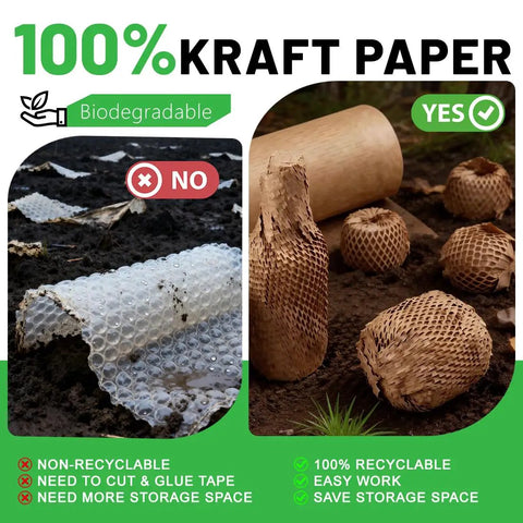 Comparison of non-recyclable bubble wrap vs. Eco Friendly Honeycomb Packing Paper 12 Inch By 180 Foot Cushioning Wrap for packing.