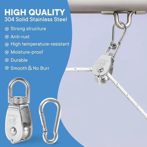 10Pcs M15 Single Pulley Block Set in 304 Stainless Steel attached to rope with spring snap hooks, highlighting durability features.
