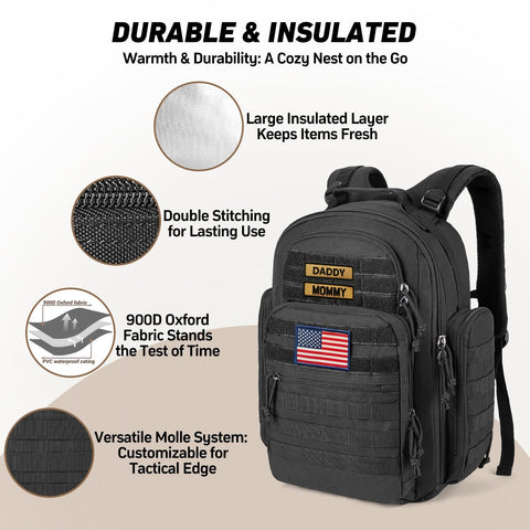 Military Style Dad Diaper Backpack with Changing Pad for Travel and Camping Trips Large Black Baby Bag with Rugged 900D Oxford Fabric
