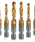 Six HSS titanium-coated drill-and-tap bits with hex shanks; sizes 8-32NC, 10-24NC, 12-24NC, 1/4-20NC, 10-32NC, 6-32NC.
