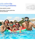White 3/4-in PVC vacuum relief valve for pool solar panels; inset valve image with group swimming in a pool