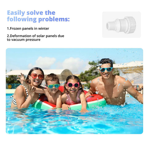 White 3/4-in PVC vacuum relief valve for pool solar panels; inset valve image with group swimming in a pool