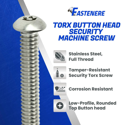 Close-up of stainless steel Torx button-head security machine screw with full threads and rounded head